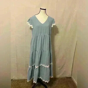 BTFBM Cottagecore Light Blue V-Neck Dress with White Details - Women's‎ Size M